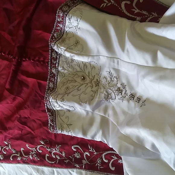 SOLD. Alfred Angelo Beaded Satin Wedding Gown with Red Trim - Picture 10 of 17